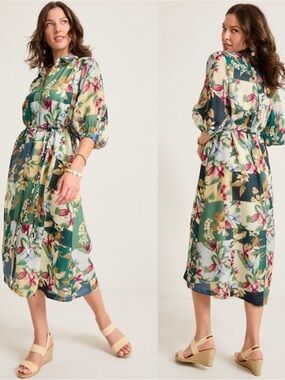 NWT Tommy Bahama Green and Cream Floral Patchwork Midi Shirt Dress size L